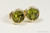 14K yellow gold filled wire wrapped olivine green crystal round stud earrings handmade by Jessica Luu Jewelry