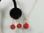 14K yellow gold filled wire wrapped red coral Swarovski pearl solitaire pendant on chain necklace and earrings set handmade by Jessica Luu Jewelry