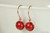 14K gold filled wire wrapped rouge red pearl drop earrings handmade by Jessica Luu Jewelry