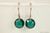 14K rose gold filled earrings with emerald green crystal dangles handmade by Jessica Luu Jewelry