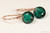 14K rose gold filled earrings with emerald green crystal dangles handmade by Jessica Luu Jewelry