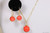14K yellow gold filled wire wrapped 10mm coral gemstone pendant on chain and matching 8mm natural coral earrings handmade by Jessica Luu Jewelry