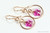 14K rose gold filled teardrop shaped dangle earrings with 8mm pink purple crystal butterflies inside handmade by Jessica Luu Jewelry