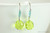 Sterling silver ear wires crusted with tiny aqua blue green crystals and large chartreuse green crystal dangles handmade by Jessica Luu Jewelry