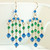 14K yellow gold filled chandelier earrings with bright green and blue Austrian crystals handmade by Jessica Luu Jewelry