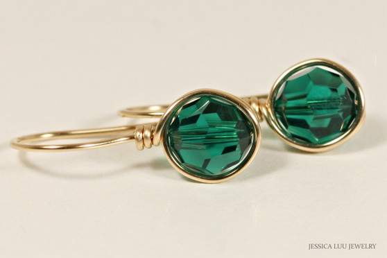 14K yellow gold filled wire wrapped emerald green crystal drop earrings handmade by Jessica Luu Jewelry
