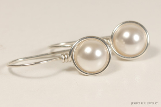 Sterling silver wire wrapped white pearl drop earrings handmade by Jessica Luu Jewelry