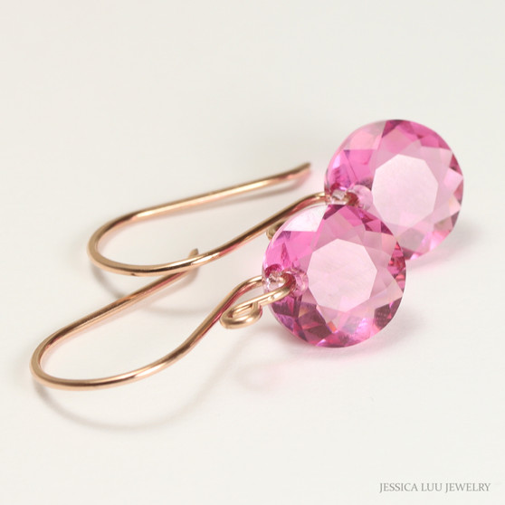 10mm pink faceted round Austrian crystal dangle earrings with 14K rose gold filled hooks handmade by Jessica Luu Jewelry