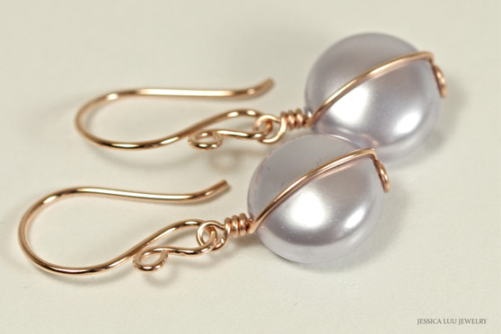 14K rose gold filled wire wrapped lavender  flat coin pearl dangle earrings handmade by Jessica Luu Jewelry
