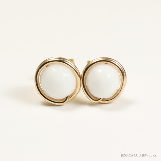 14K yellow gold filled wire wrapped 6mm faceted round white alabaster gemstone stud earrings handmade by Jessica Luu Jewelry