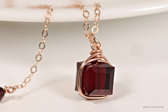 14K rose gold filled wire wrapped dark red garnet siam crystal cube pendant on chain necklace handmade by Jessica Luu Jewelry