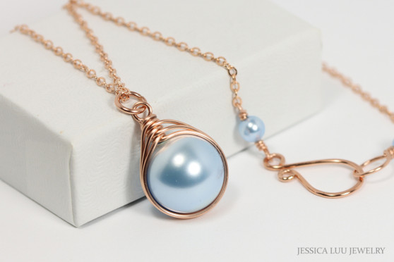14k rose gold filled wire wrapped light blue pearl solitaire pendant on chain necklace handmade by Jessica Luu Jewelry