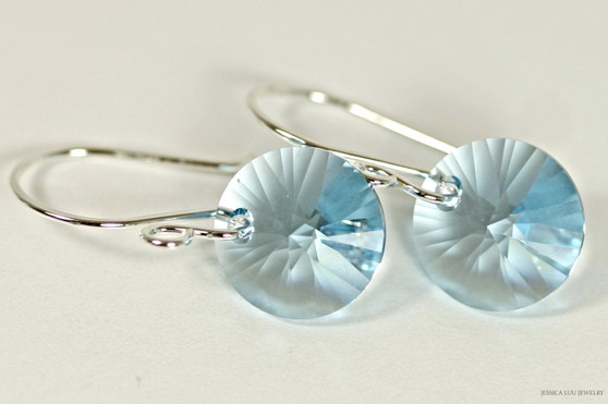 Sterling silver aquamarine blue crystal rivoli dangle earrings handmade by Jessica Luu Jewelry