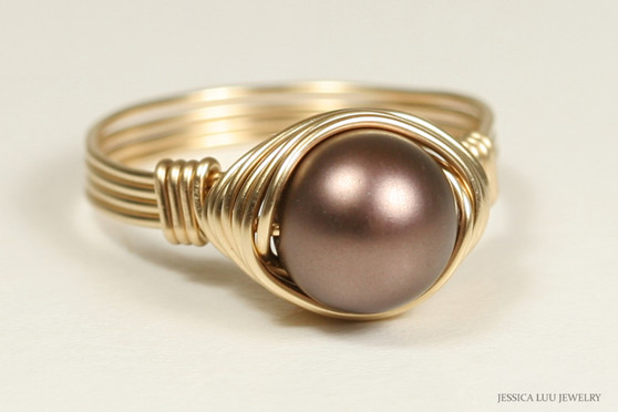 14K yellow gold filled wire wrapped dark velvet brown pearl solitaire ring handmade by Jessica Luu Jewelry