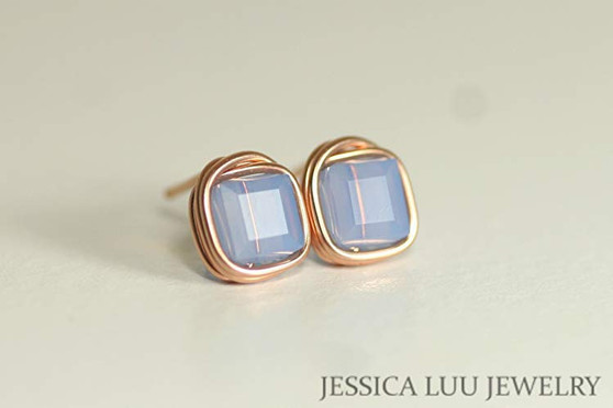 Rose Gold Air Blue Opal Crystal Stud Earrings - Other Metal Options Available