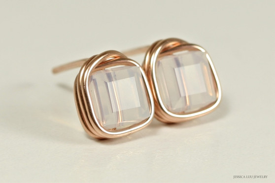 14K rose gold filled wire wrapped white opal crystal cube stud earrings handmade by Jessica Luu Jewelry