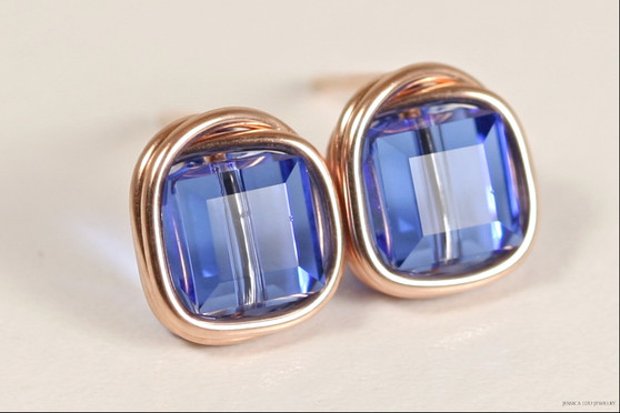 14K rose gold filled wire wrapped sapphire blue crystal cube stud earrings handmade by Jessica Luu Jewelry