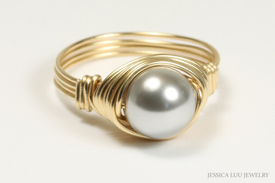 14K yellow gold filled wire wrapped light grey silver pearl solitaire ring handmade by Jessica Luu Jewelry