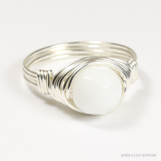 Sterling silver wire wrapped 8mm faceted round white alabaster gemstone solitaire ring handmade by Jessica Luu Jewelry