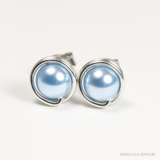 Sterling silver wire wrapped light blue pearl stud earrings handmade by Jessica Luu Jewelry