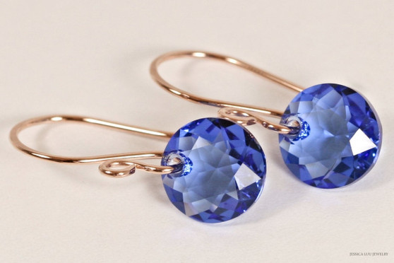 14K rose gold filled sapphire blue crystal classic cut pendant dangle earrings handmade by Jessica Luu Jewelry