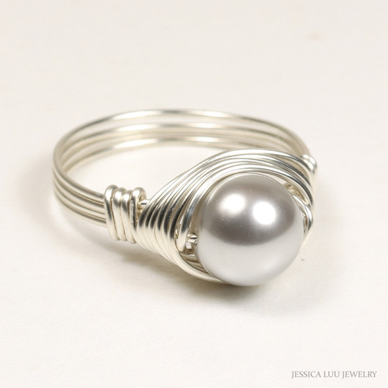 Sterling silver wire wrapped 8mm light grey pearl solitaire ring handmade by Jessica Luu Jewelry
