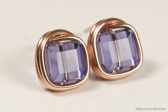 14K rose gold filled wire wrapped blue purple tanzanite crystal cube square stud earrings handmade by Jessica Luu Jewelry