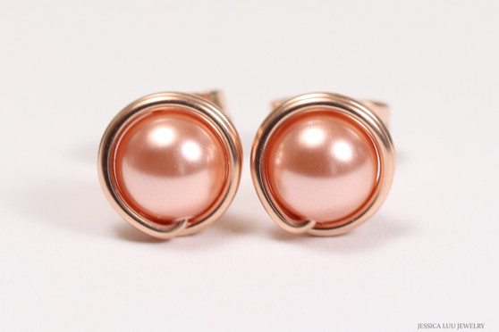 14K rose gold peach pearl stud earrings handmade by Jessica Luu Jewelry
