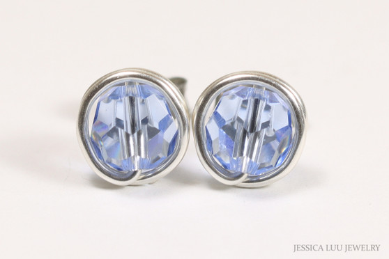 Sterling silver wire wrapped light sapphire blue crystal round stud earrings handmade by Jessica Luu Jewelry
