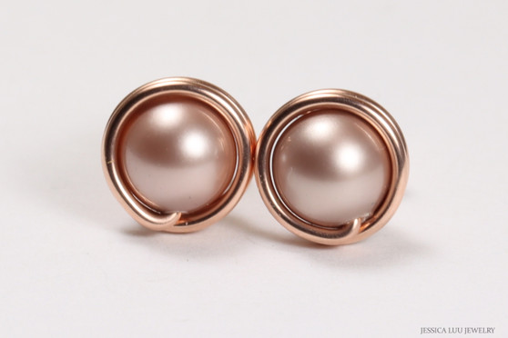 14K rose gold filled wire wrapped beige powder almond pearl stud earrings handmade by Jessica Luu Jewelry