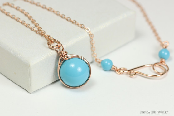 14K rose gold filled wire wrapped turquoise blue solitaire pendant on chain necklace handmade by Jessica Luu Jewelry