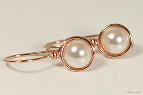 14K rose gold filled wire wrapped drop earrings with creamrose pearls handmade by Jessica Luu Jewelry