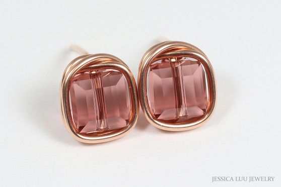 14K rose gold filled wire wrapped blush pink crystal square cube stud earrings handmade by Jessica Luu Jewelry