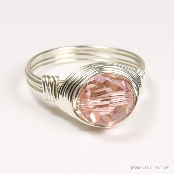 Sterling silver wire wrapped blush pink crystal solitaire ring handmade  by Jessica Luu Jewelry