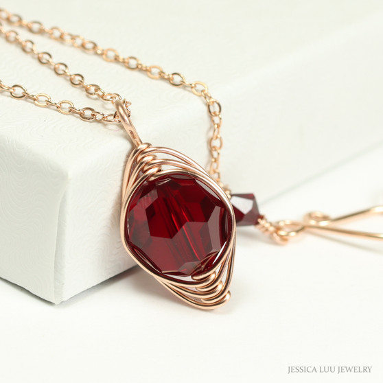 14K rose gold filled herringbone wire wrapped dark red garnet siam crystal solitaire pendant on chain necklace handmade  by Jessica Luu Jewelry