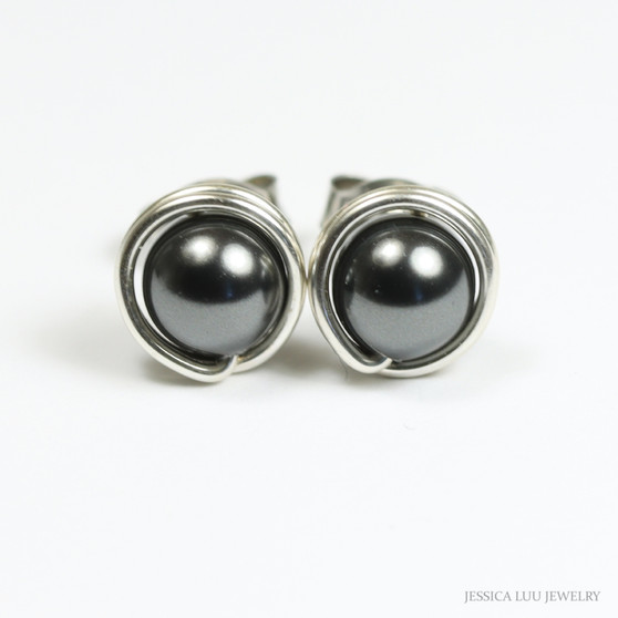 6mm black pearl stud earrings in sterling silver wire wrapped setting handmade by Jessica Luu Jewelry