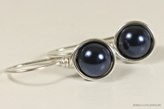 Sterling silver wire wrapped dark navy night blue pearl drop earrings handmade by Jessica Luu Jewelry