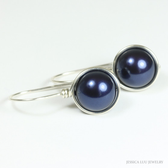 10mm navy blue pearl drop earrings in sterling silver wire wrapped setting handmade by Jessica Luu Jewelry
