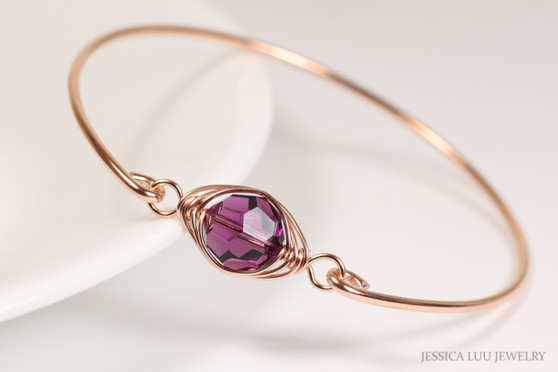 14k rose gold filled wire wrapped bangle bracelet with amethyst purple crystal handmade by Jessica Luu Jewelry