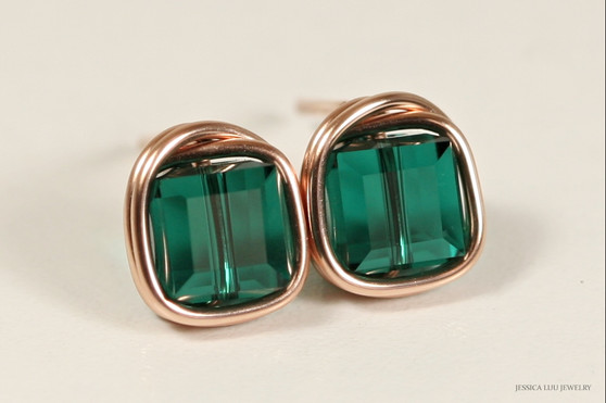 14K rose gold filled wire wrapped emerald green crystal cube stud earrings handmade by Jessica Luu Jewelry