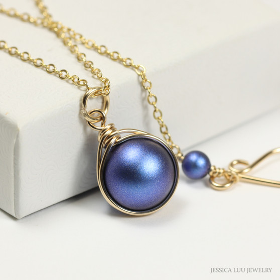 14K yellow gold filled wire wrapped iridescent dark blue pearl solitaire pendant on chain necklace handmade by Jessica Luu Jewelry