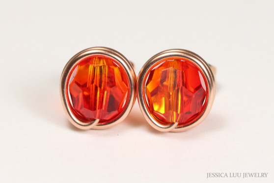 14K rose gold filled wire wrapped fire opal orange red crystal round stud earrings handmade by Jessica Luu Jewelry