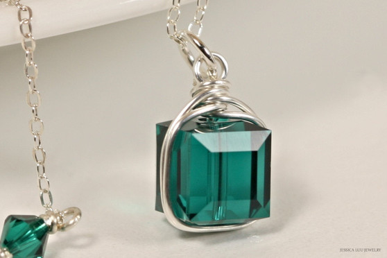 Sterling silver emerald green crystal cube pendant on chain necklace handmade by Jessica Luu Jewelry