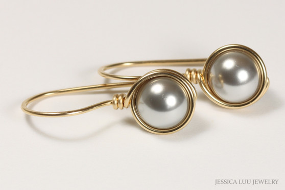 14K yellow gold filled wire wrapped light grey silver pearl drop earrings handmade by Jessica Luu Jewelry