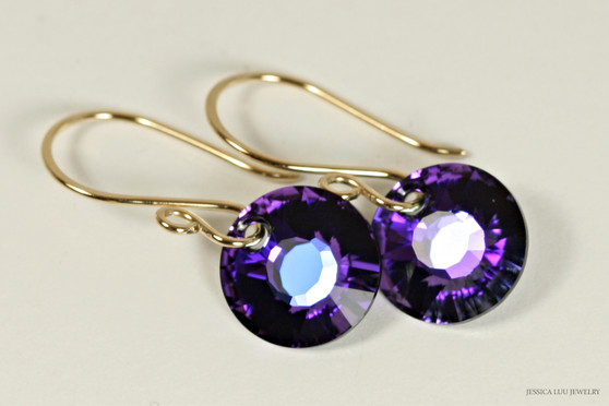 14K yellow gold filled earrings with purple heliotrope crystal sun pendants handmade by Jessica Luu Jewelry