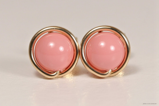 14K yellow gold filled wire wrapped pink coral stud earrings handmade by Jessica Luu Jewelry
