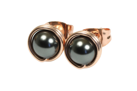 14K rose gold filled wire wrapped black pearl stud earrings handmade by Jessica Luu Jewelry