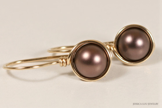 14K yellow gold filled wire wrapped dark chocolate velvet brown pearl drop earrings handmade by Jessica Luu Jewelry