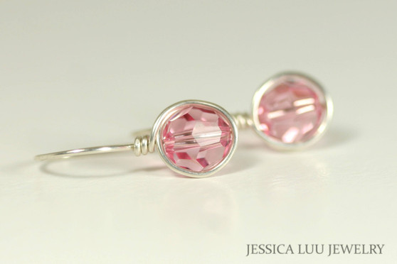 Sterling silver wire wrapped light pink rose crystal drop earrings handmade by Jessica Luu Jewelry