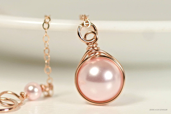 14k rose gold filled wire wrapped light pink rosaline pearl solitaire pendant on chain necklace handmade by Jessica Luu Jewelry